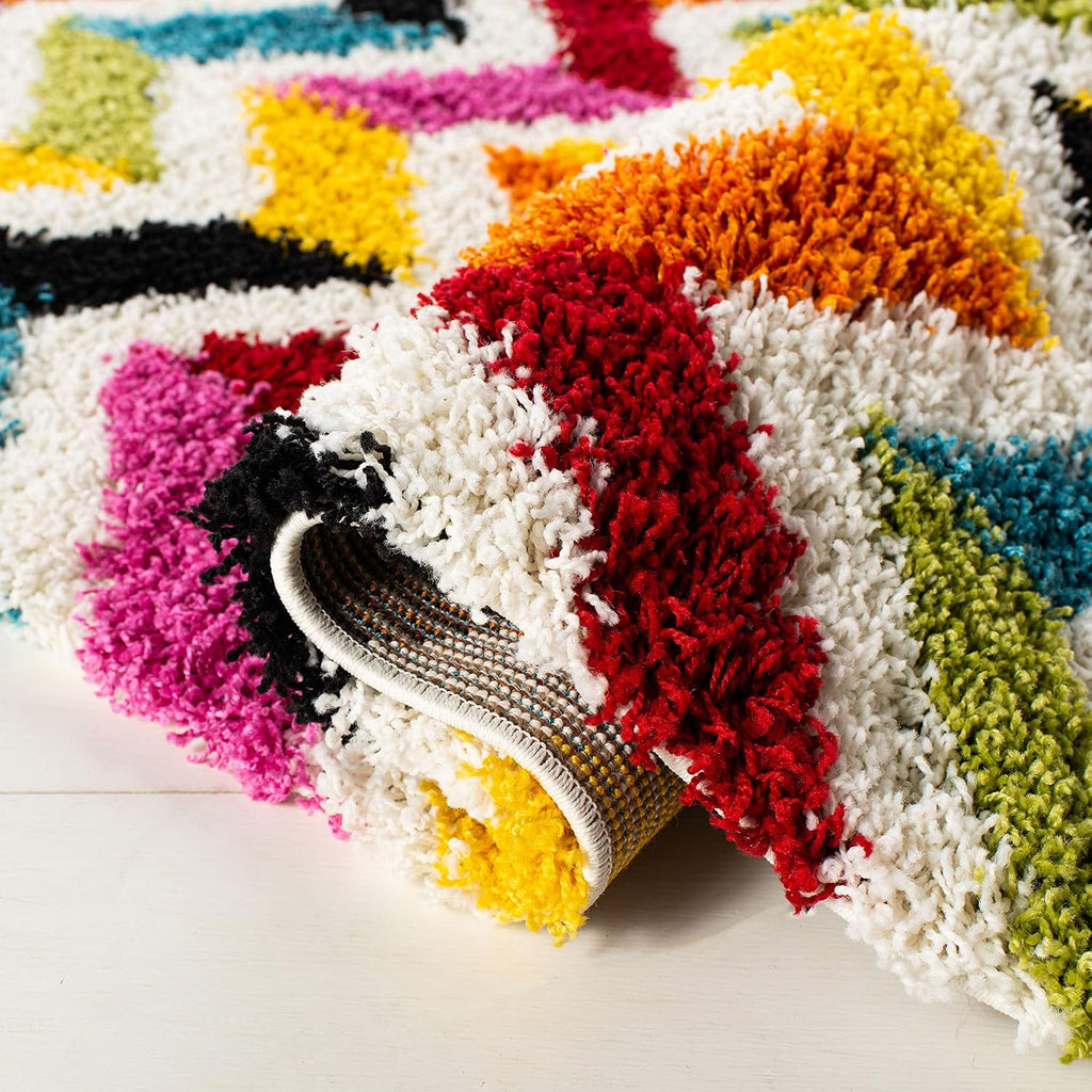 Kids Shag Collection Area Rug - 6'7" Square, Ivory & Multi, Rainbow Chevron Design, Non-Shedding & Easy Care, 2-inch