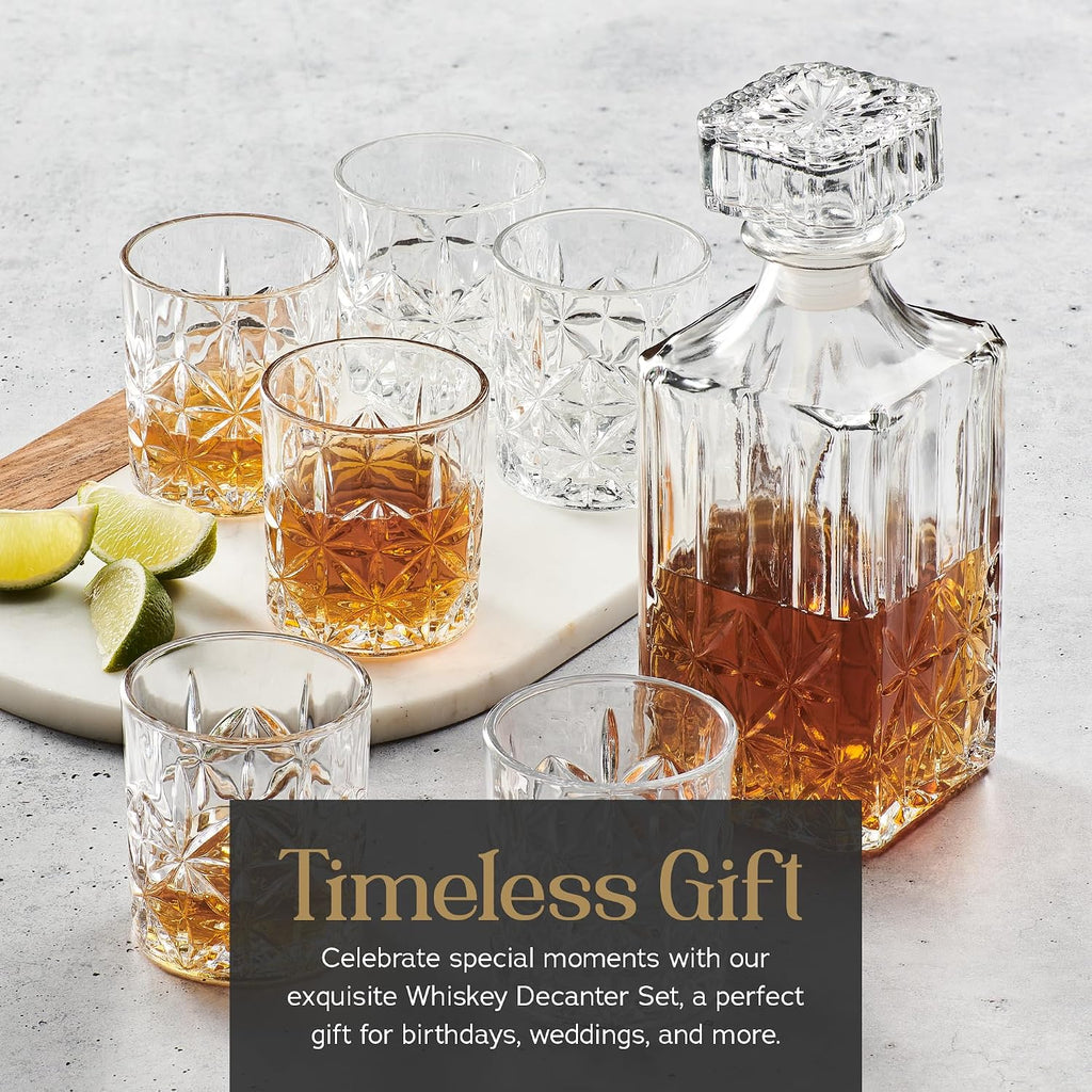 Whiskey Decanter Set with Glasses - Prestigious Whiskey Set with 25oz Liquor Decanter and 6 Glasses - Upscale Whisky - Set of 7