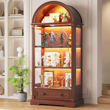 Curio Cabinet with Glass Doors & LED Lights | 72" Tall, Arched Display Cabinet, Human Sensor Lights, 4-Tier Large
