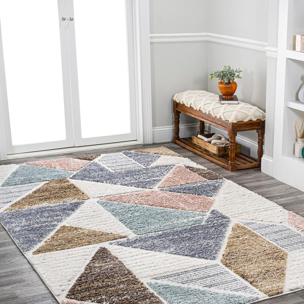 Colorblock Carved High-Low Multi Indoor Area Rug 3X5 ft, Aileen Geometric Scandi, Easy-Cleaning, High Traffic