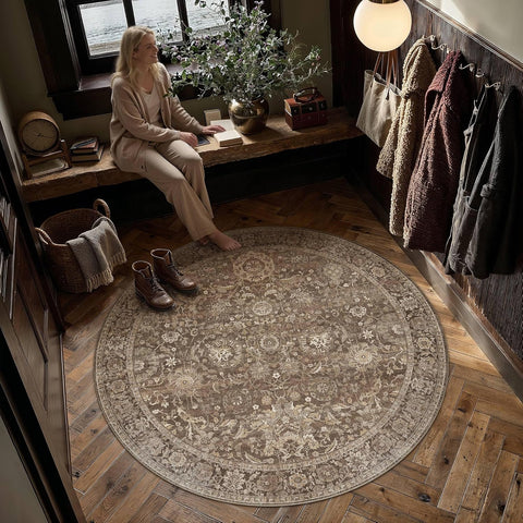 6x6 Round Rugs Brown Washable Rug for Living Room Bedroom Large Neutral Vintage Rug Carpet Distresse