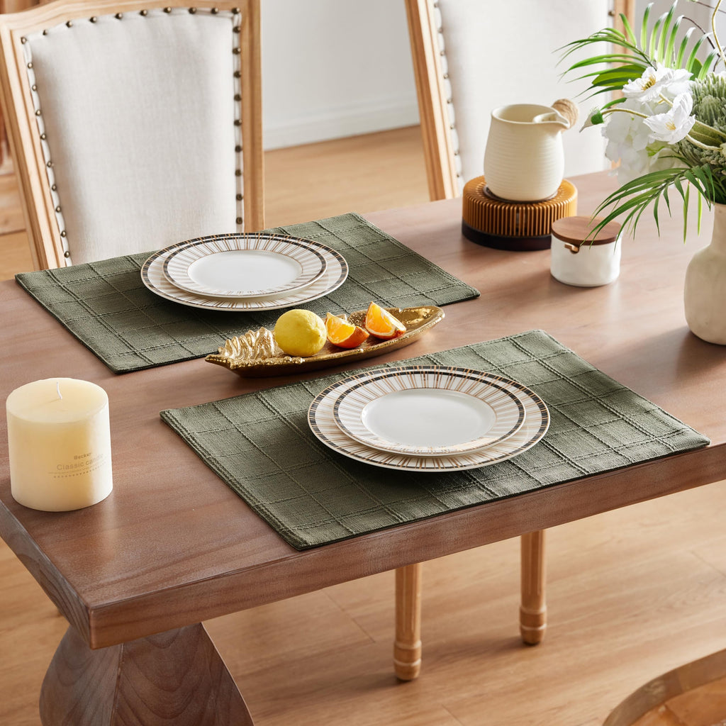 Linen Checked Farmhouse Placemats Set of 4, Olive 13x19in