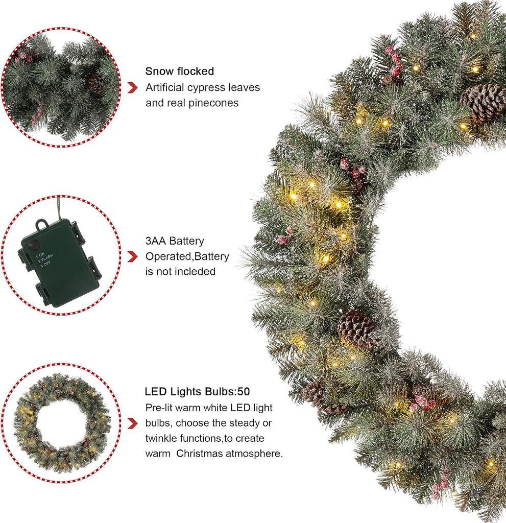 36" D Oversized Pre-Lit Glittered Pine Cone Christmas Wreath with 50 Warm White Lights, Artificial Wreaths