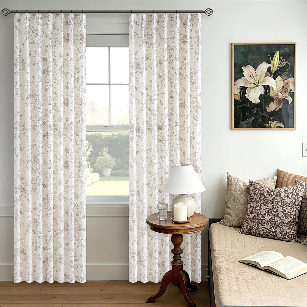 Light Brown Floral Linen Pleated Curtains 84 Inch Long for Bedroom Light Filtering Farmhouse Vintage Peony Lily