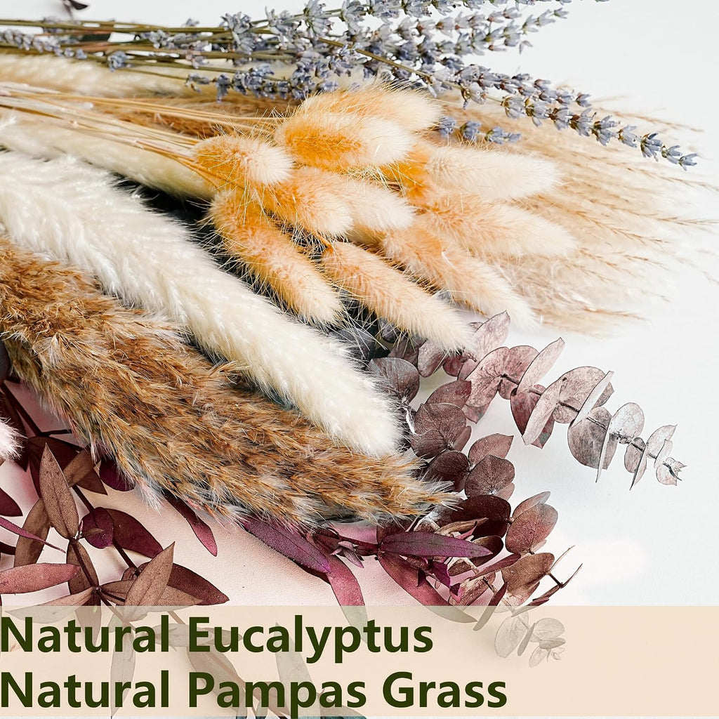 Fall Dried Flower Bouquet with Pampas Grass, Orange Bunny Tails, Lavender & Red Eucalyptus -Boho Fall Decor, Vase