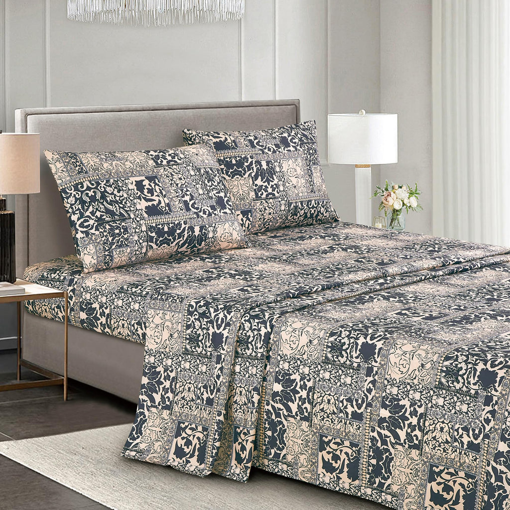 10-Piece Ivory & Black Comforter Set with Sheet Set, Geometric Damask Bed in a Bag