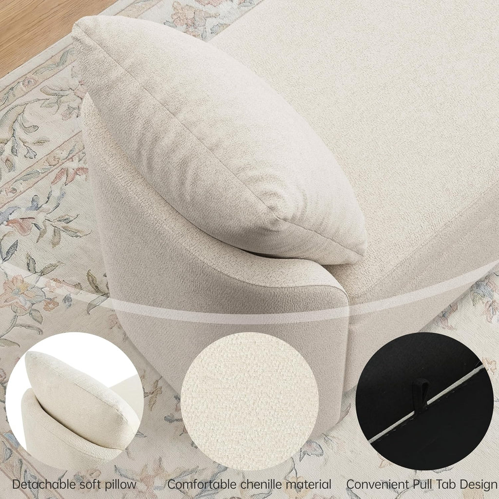 58.3" Upholstered Storage Ottoman Bench with 2 Throw Pillows, Beige | End of Bed Bench with Curved Arms and Thickened