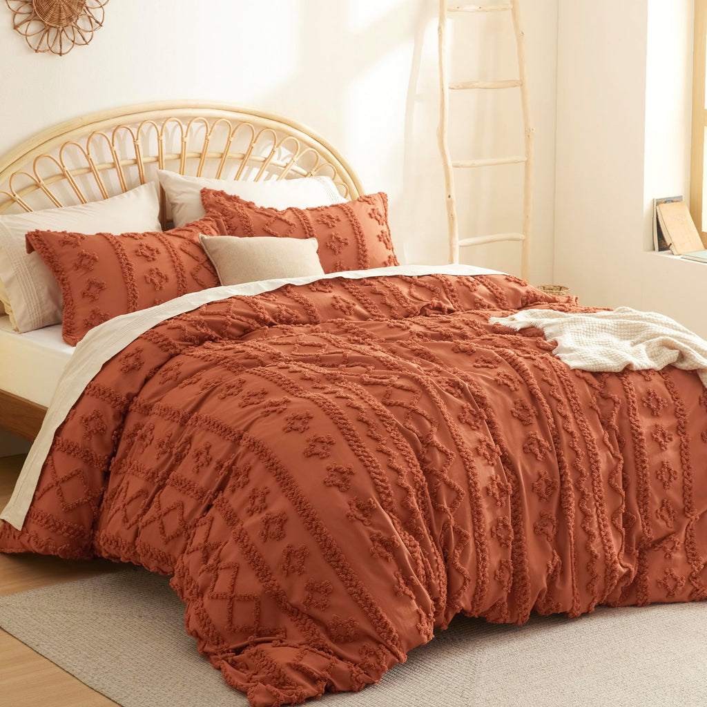 Boho Duvet Cover Queen, Tufted Embroidery, 3-Piece, Terracotta