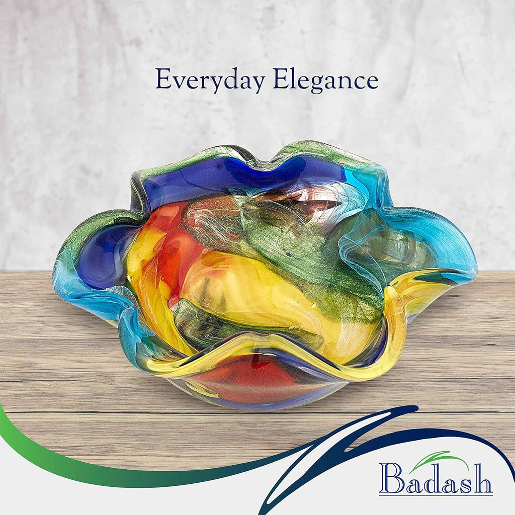 Stormy Rainbow Art Glass - Murano-Style Art Glass Bowl Centerpiece - 8" Mouth-Blown Glass Bowl - Decor Bowl