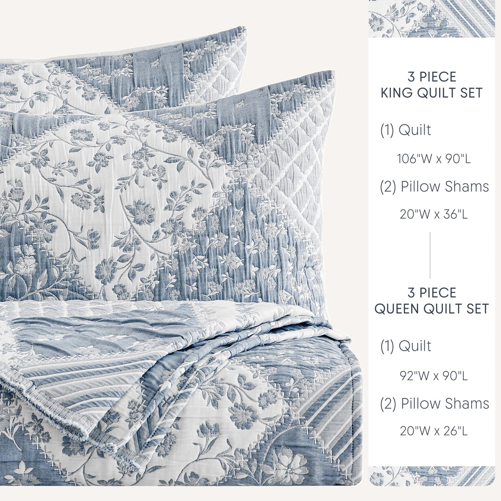 Jacquard Patchwork Quilt Set - 3 Piece Lightweight Blue White Bedspread Set for Spring Summer, Soft