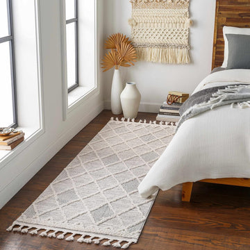 Norvelt Hallway, Kitchen Runner Rug - Geometric Diamond Trellis Striped Border - Bohemian Transitional Moroccan Boho