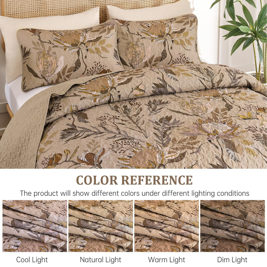 Fall Quilt Queen Size Brown, 3 Pcs Floral Bedspread Bedding Set