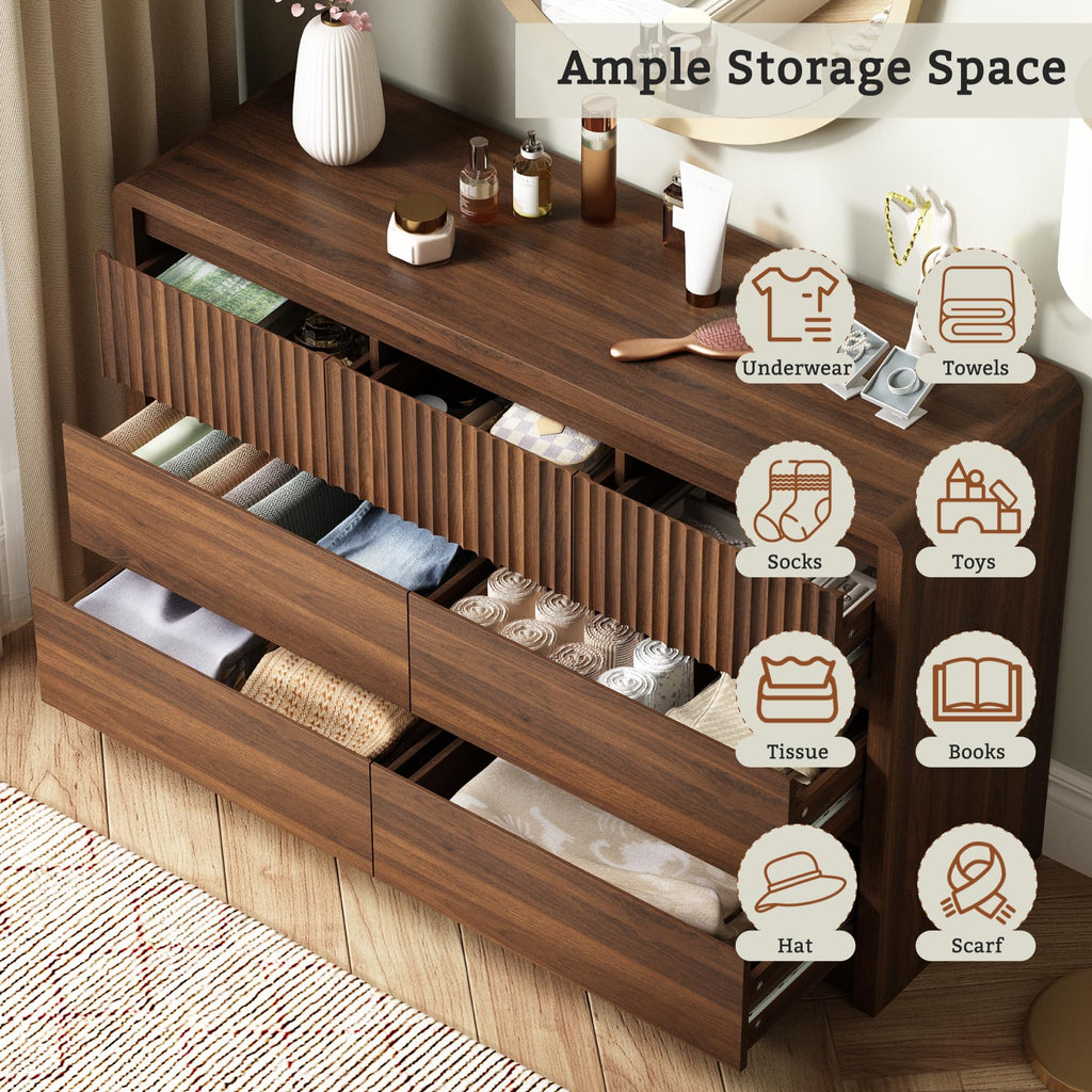 Walnut Fluted 7 Drawer Dresser, Curved Edge, 50" Wide