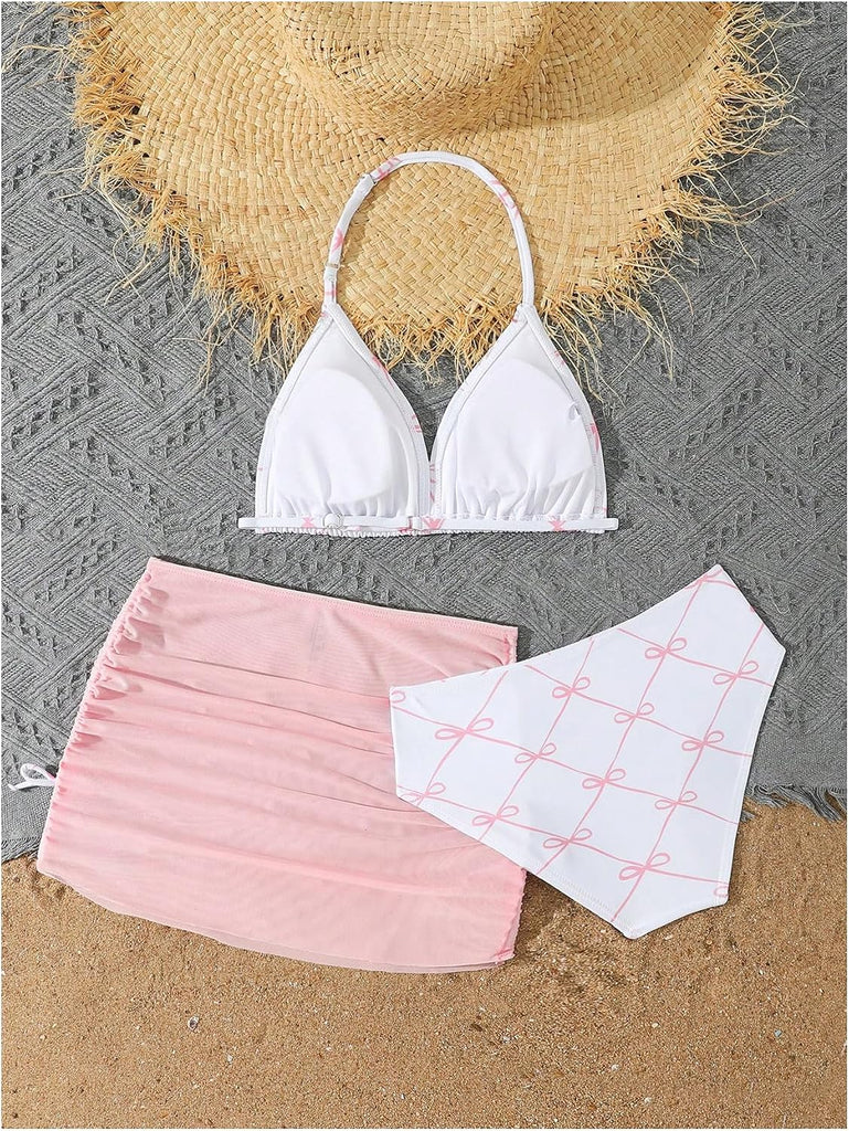 Girl's 3 Piece Cute Bow Swimsuit Halter Triangle Bathing Suits