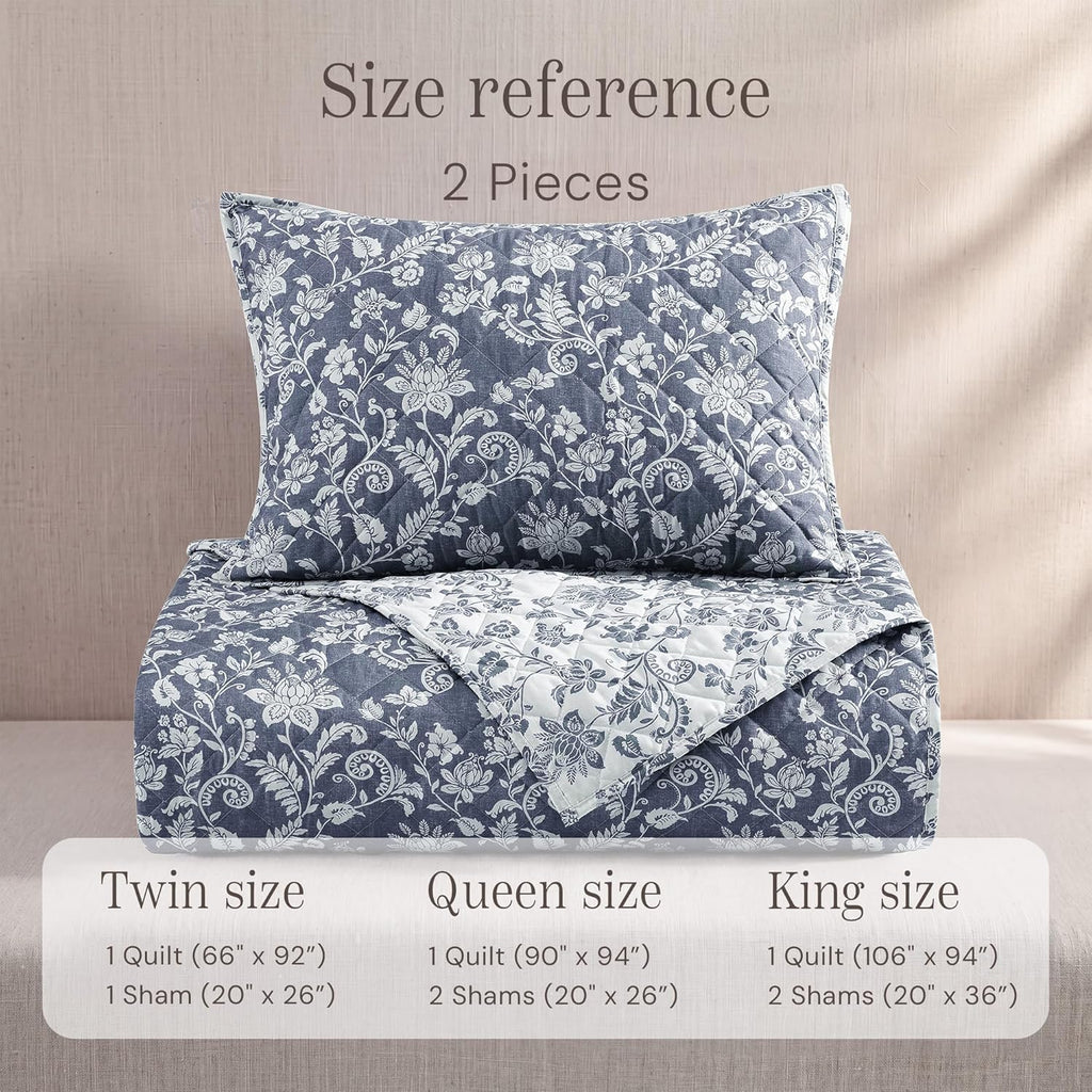Quilt Set Queen, Oxford Blue Floral Quilt Sets, Reversible Bedspread Lightweight and Breathable for All Seasons, Soft