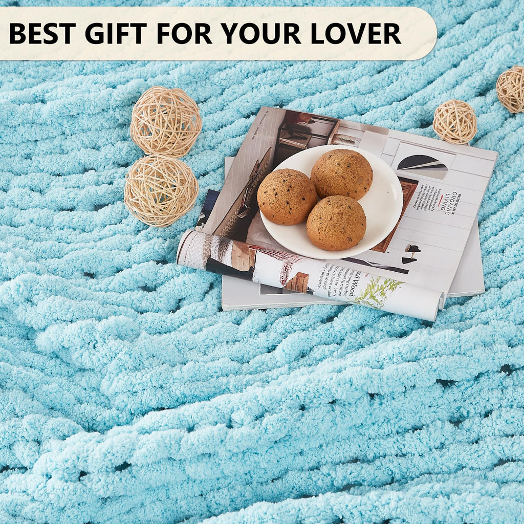 Chenille Chunky Knit Blanket, Light Blue, 50x60, Heavyweight Throw Blanket Decor
