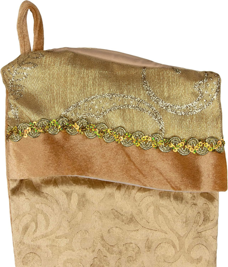 20.5" Gold Etched Velvet Christmas Stocking Glitter Print Trim