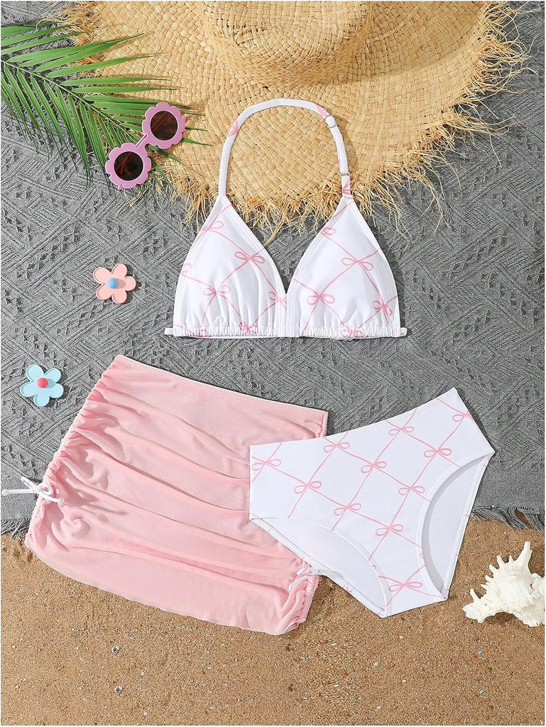 Girl's 3 Piece Cute Bow Swimsuit Halter Triangle Bathing Suits