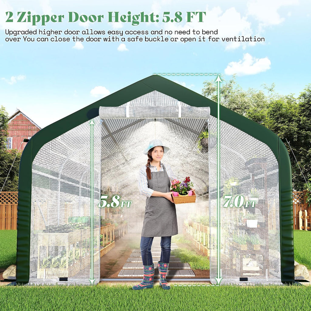 34x10x7 FT Walk-in Tunnel Greenhouse with Watering System | 2 zipper rolling doors, 14 windows and galvanized frame