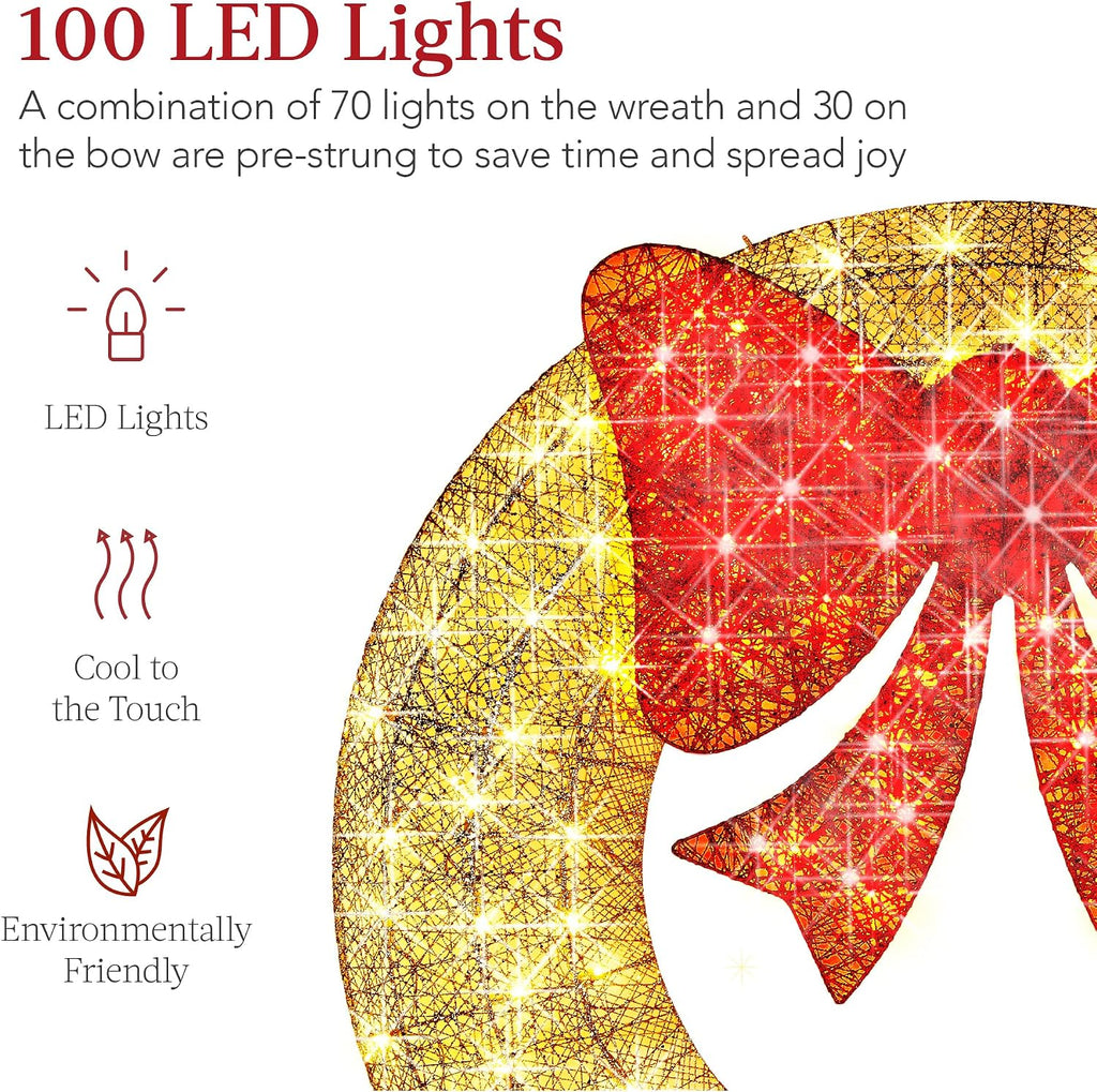 30in Pre-Lit Outdoor Christmas Wreath Decoration, LED Metal Holiday Decor w/ 100 Lights, Bow - Gold/Red