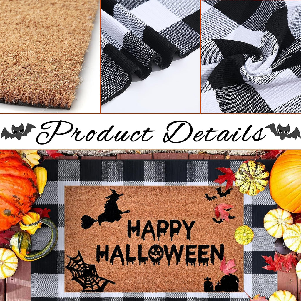 Halloween Decor Doormat Combo Set, 100 Percent Coco Coir Welcome Mat + 28X43 Inches Black and White Plaid Rug