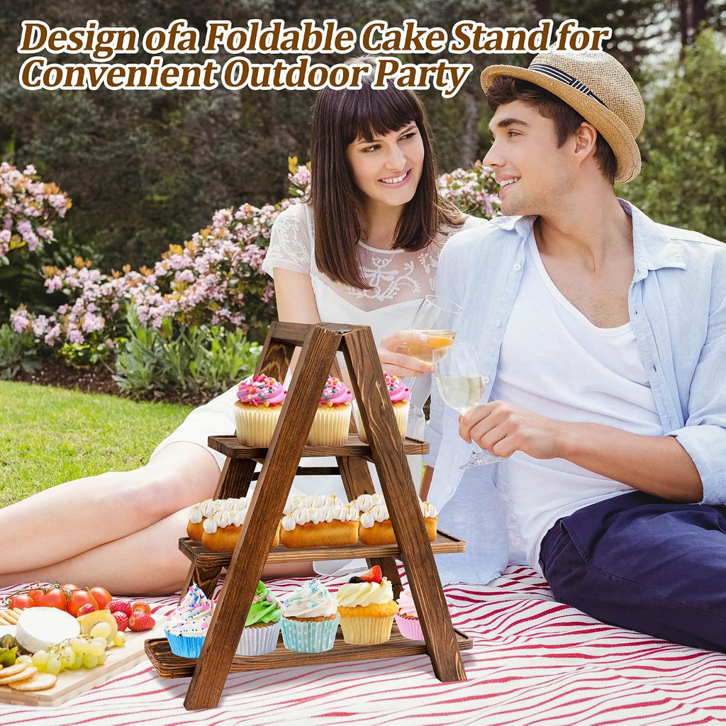 3 Tier Wooden Cupcake Stand with Swing and Flower Decoration | Large Dessert Stands with Serving Tray, Removable
