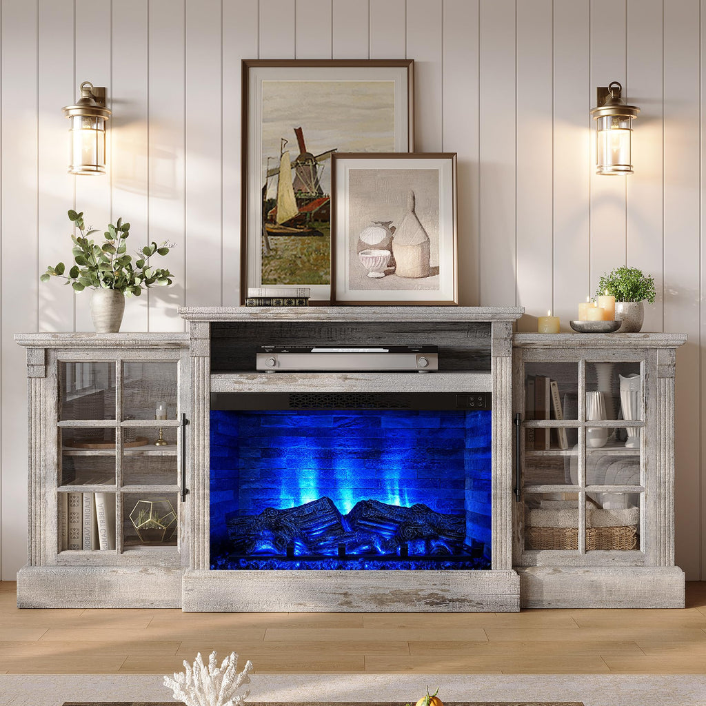 70" Farmhouse TV Stand with 28" Fireplace, Light Grey