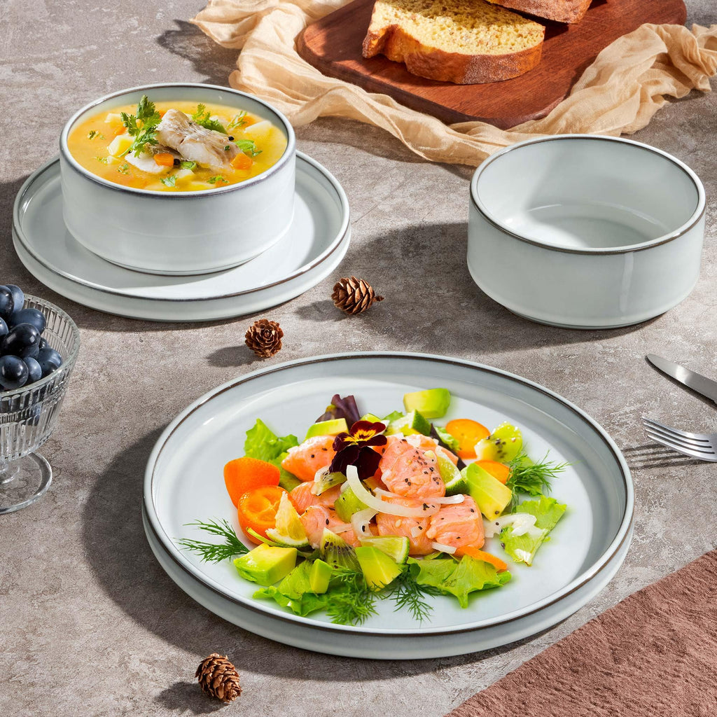 24 Pieces Stoneware Dinnerware Set for 8, Ceramic Dinner Dishware Sets Kitchen, Plates and Bowls with Rustic