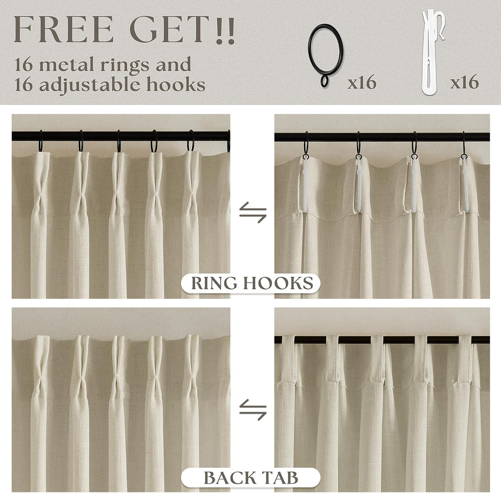 Beige Linen Curtains 96 Inches Long Pinch Pleated 2 Panels Living Room Bedroom Memory Trained Semi Sheer Neutral Flax