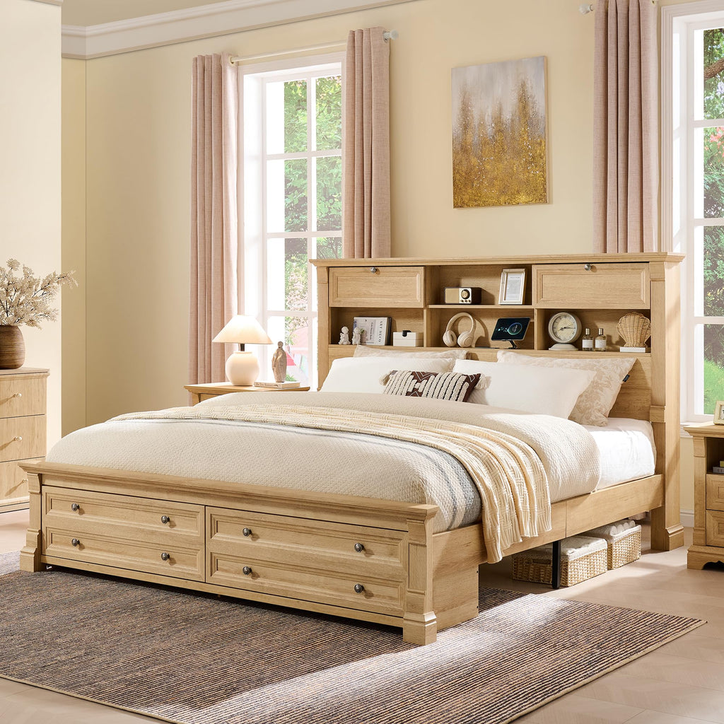 Farmhouse Bed Frame with Charging Station, 2 Footboard Drawers
