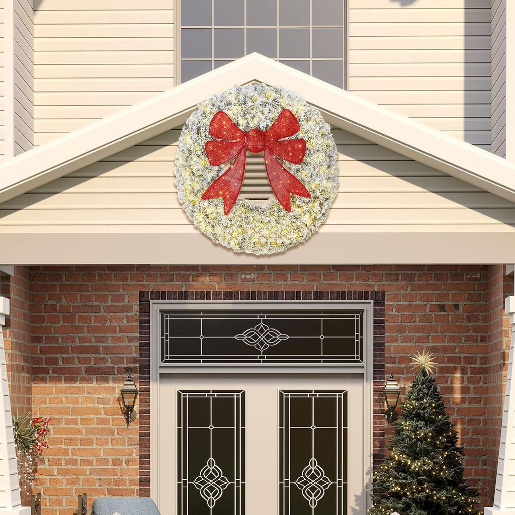 48in Flocked Pre-Lit Artificial Christmas Wreath with 3D Red Bow