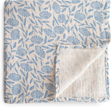 Muslin Baby Swaddle Blanket | 100% Organic Cotton (Blue Flowers)