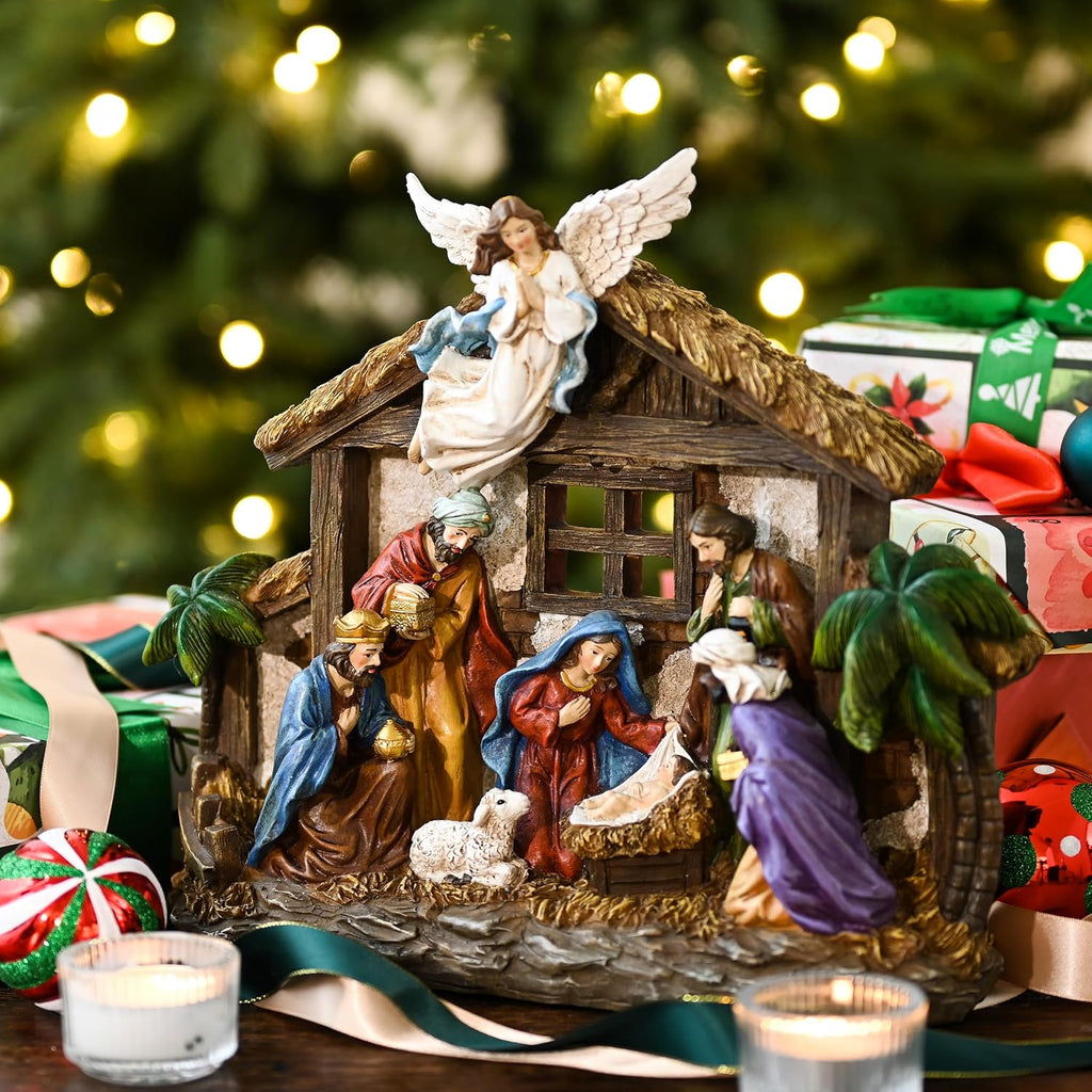 Glass Christmas Ornaments Set, 10ct Red and Gold Mercury Blown Glass Christmas Tree Ball,Christmas Nativity Figurines