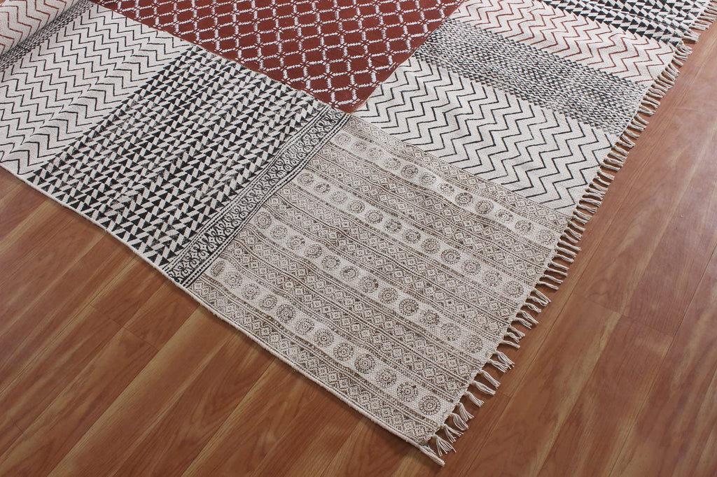 Area Rug 3x5 Kilim Rug Brown & Beige Cotton Dhurrie Geometric Design 0.19 inches Stone Easy Washable Rug Hand Wash