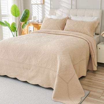 100% Cotton Quilt -Beige Bedspread 106"x96"-Coin Pattern Bedding Set 3 Pieces-Pre-Washed Lightweight Cotton