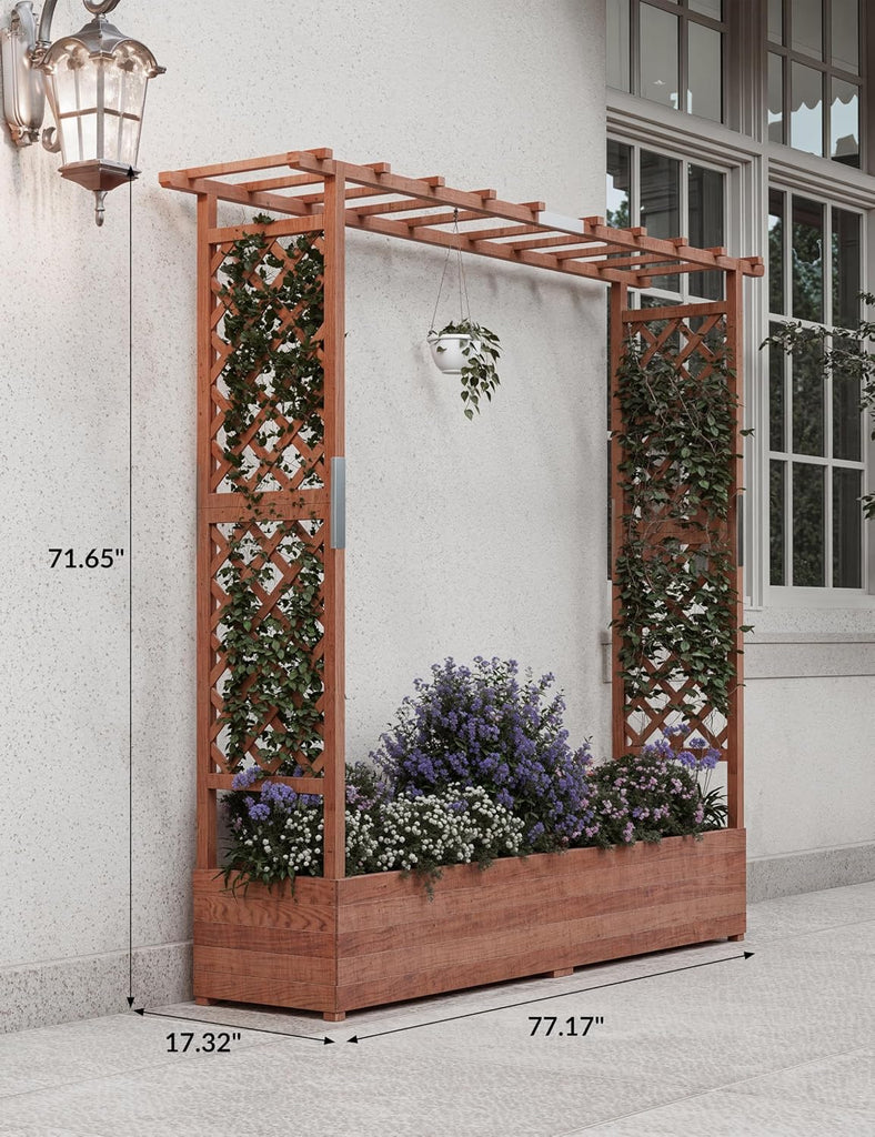 Raised Wooden Garden Bed with Trellis, Large Planter Box with Side Trellis & Hanging Roof, Weatherproof Wood Elevated