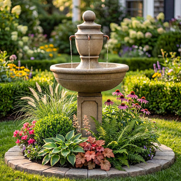 35" Outdoor Water Fountain, 2-Tier Resin Brown Garden Fountain | Modern Italian Floor Standing, with Warm Light, Home