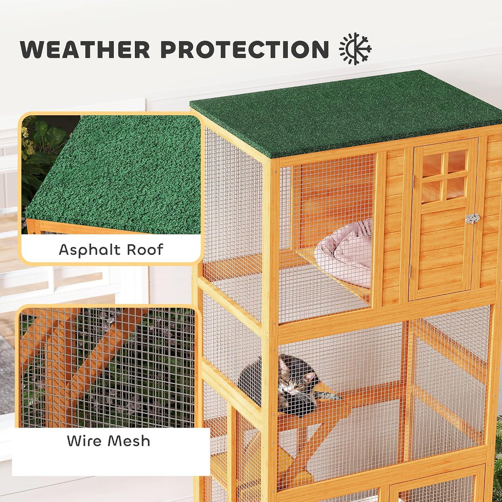 74" Wooden Catio Outdoor Cat Enclosure Weatherproof & Wheeled, Outside Cat House with High Weight Capacity, Kitten