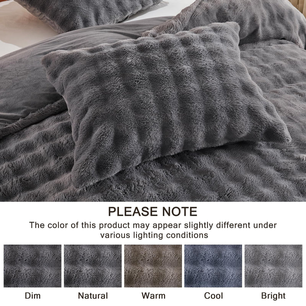 Fluffly Faux Rabbit Fur Bubble Comforter Set, Dark Grey