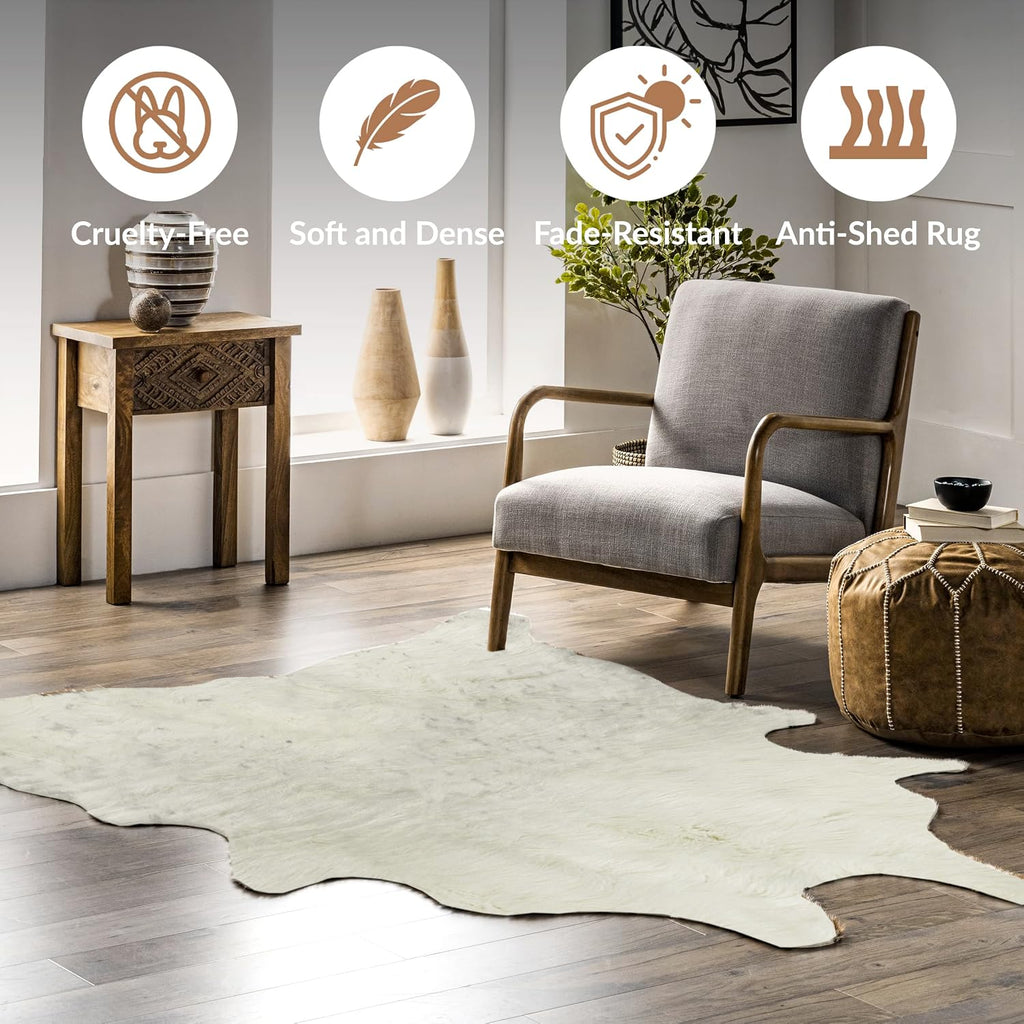 Faux Cowhide Rug for Rustic and Western Decor | Low Pile Faux Fur Rug with Off White Cow Print | Cruelty-Free Fade