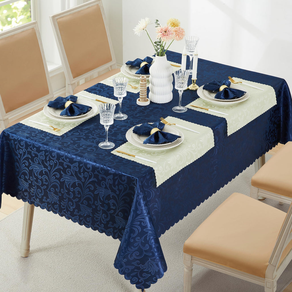 Wave Scroll Damask Jacquard Rectangle Deep Sea Blue Tablecloth 60" 120", Wipeable Table Cover for Dining Table, Buffet