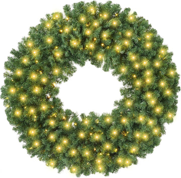 48" Pre-Lit Fir Artificial Christmas Wreath Holiday Décor, 200 LED Lights, 860 PVC Tips for Front Door, Window, or
