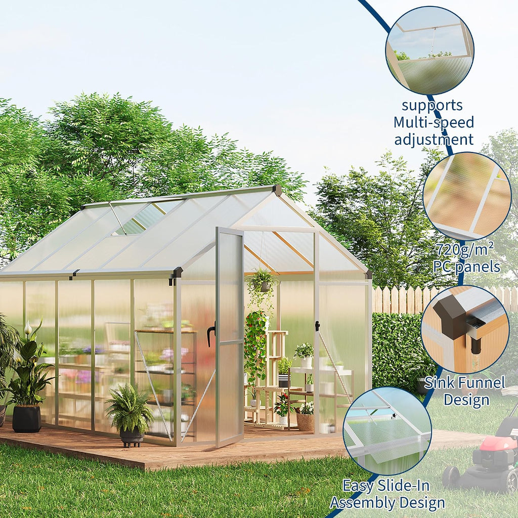 6X10 FT Greenhouse for Outdoors, Large Walk-in Polycarbonate Greenhouse Kit, Aluminum Frame, Lockable Door, Roof