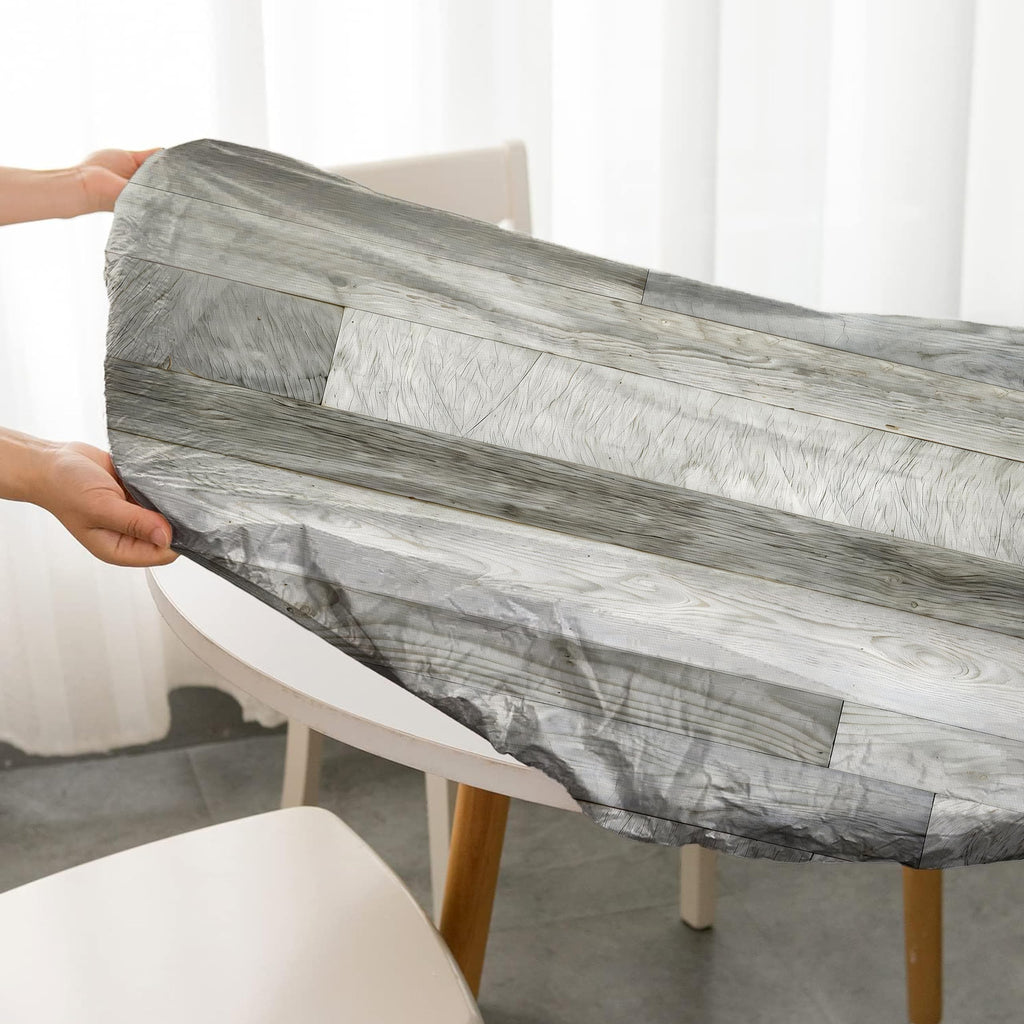 Wood Grain 60 Inch Round Fitted Cloth Tablecloth with Elastic Edged, Waterproof Oil Proof Wipeable Table Cover for