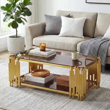 43" Luxury Gold Coffee Table with Brown Glass Tabletop & Gold Base