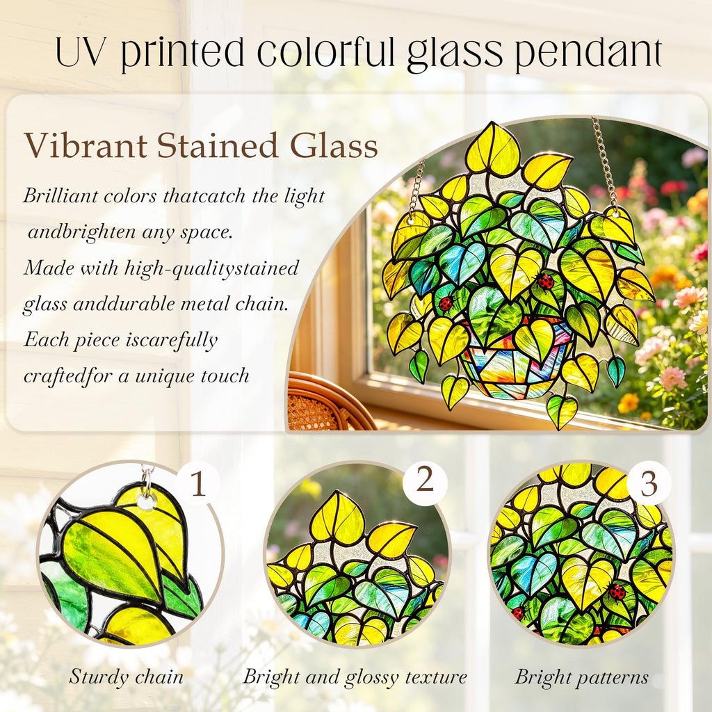 Plant Suncatcher Glass, Stained Glass Suncatcher Plant Window Hanging, Unique Nature Lover Gifts Leaf