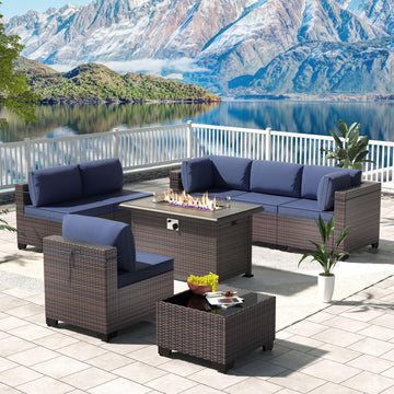 8 Piece Outdoor Wicker Patio Furniture Set with Fire Pit Table
