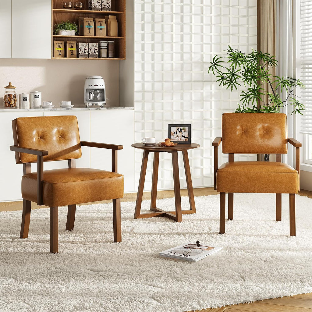 Mid-Century Accent Chair with Wood Frame, PU Leather Upholstered Lounge Arm Chair with Classic Button - Set of 2