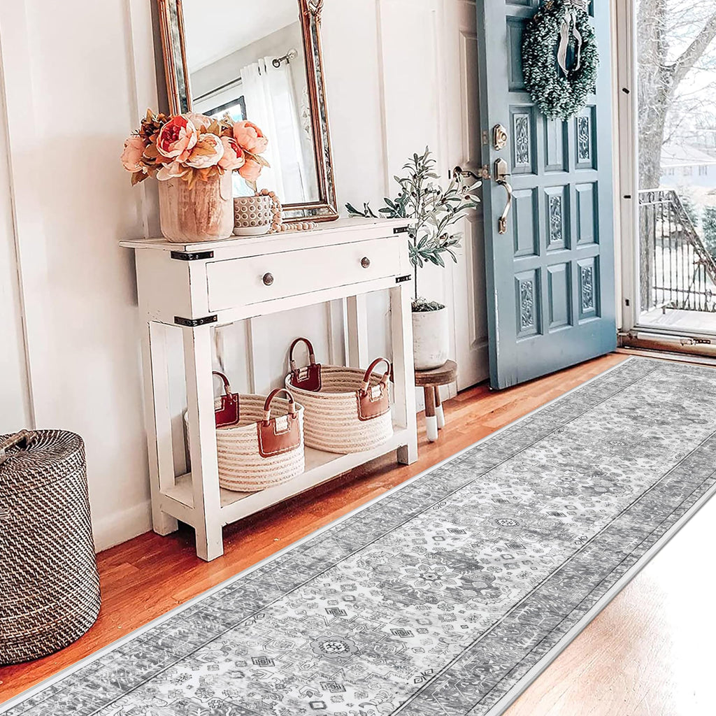 Hallway Runner Rug 2'6'' x 14', Washable Kitchen Runner, Vintage Grey