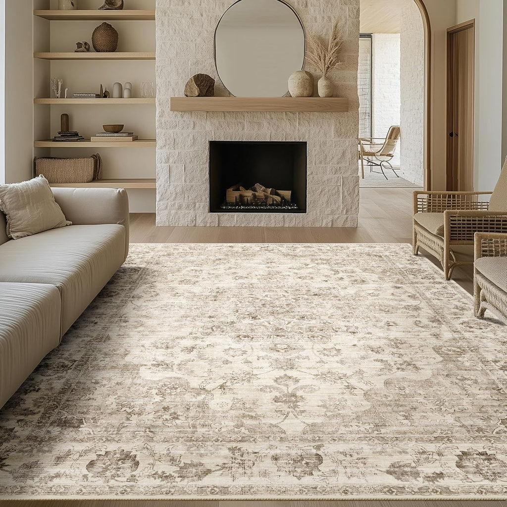 9x12 Neutral Area Rug Beige Vintage Living Room Bedroom Washable Carpet Non-Slip Soft Low Pile Farmh